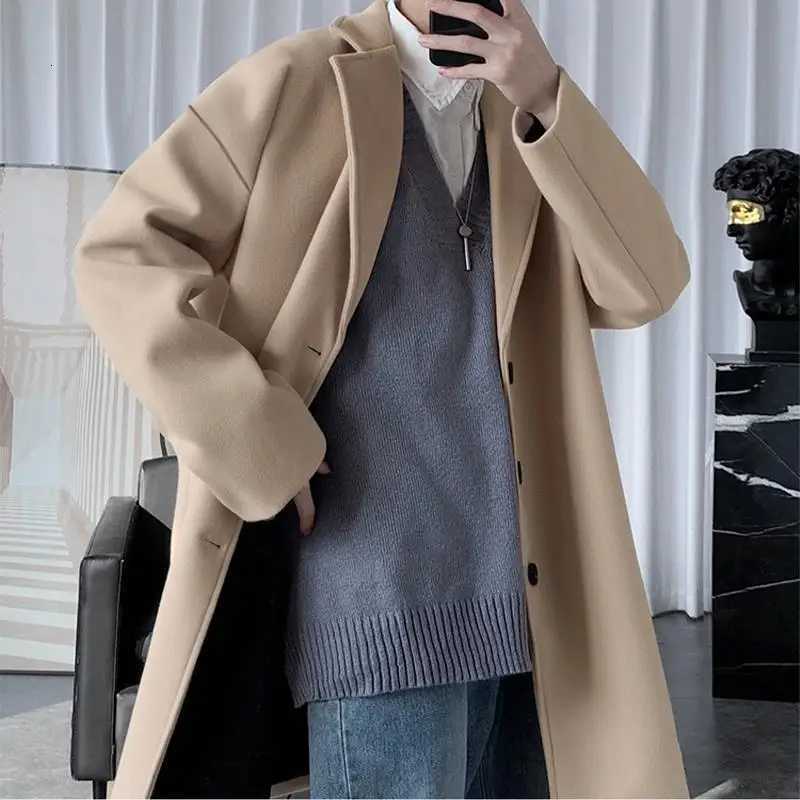 Korean Trend Fashion Autumn Winter Mid-length Woolen Trench Men Suit Collar Button England Thick Long Sleeve Slim Coats Tops W250815