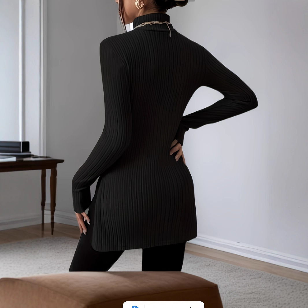 New Women's High Neck Pullover Sweater with Slit Slim Fit Base Shirt Ribbed Mid-Length Top T-Shirt for Women