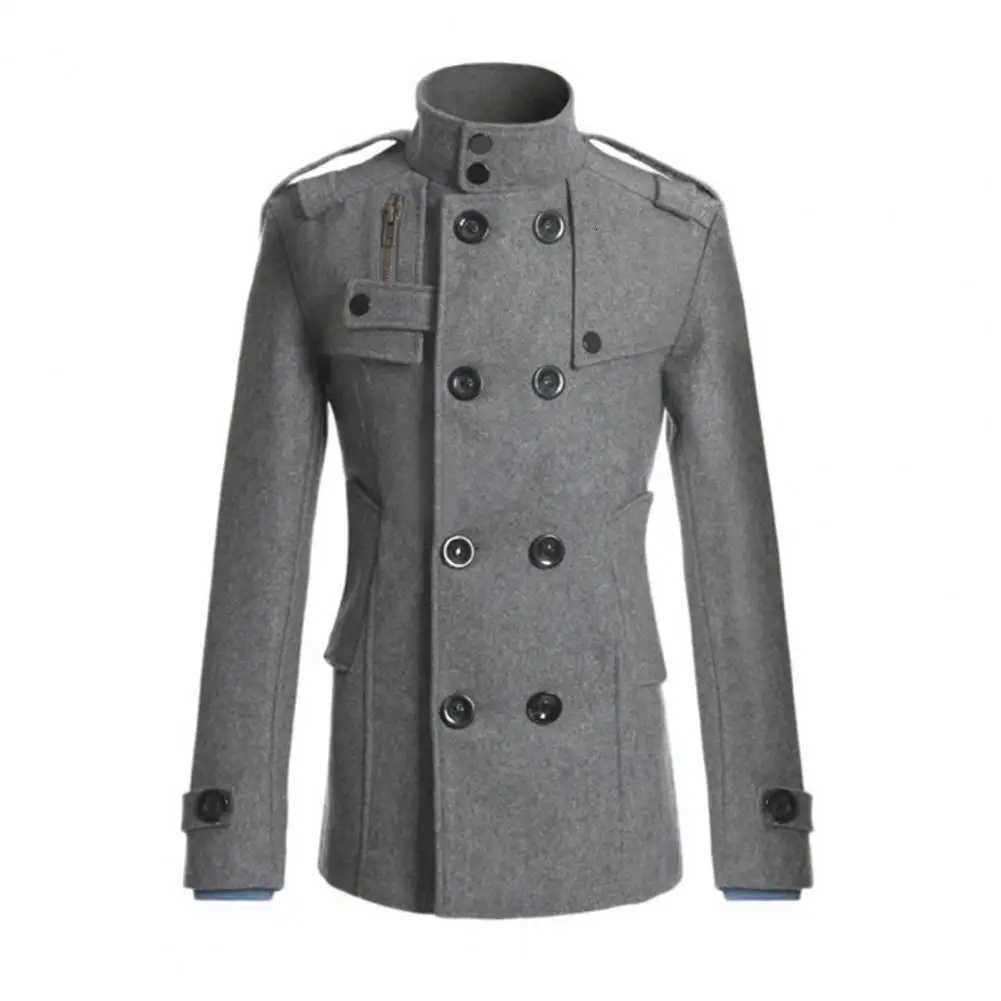 Men Woolen Coat Stand Collar Double-Breasted Closure Mid-Length Retro British Style Windbreaker Autumn Solid Mens Trench Coat W250815