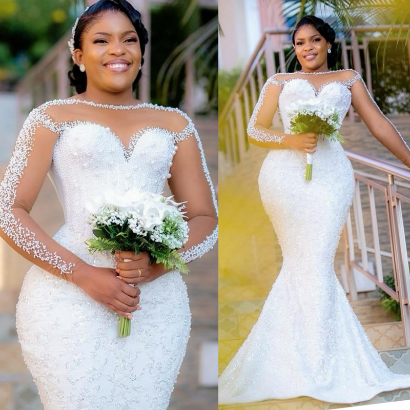 2025 Mermaid Aso Ebi Off White African Wedding Dress Bridal Gowns For Bride Sheer Neck Simple Beaded Lace Tassel Crystals Wedding Gowns For Black Wome