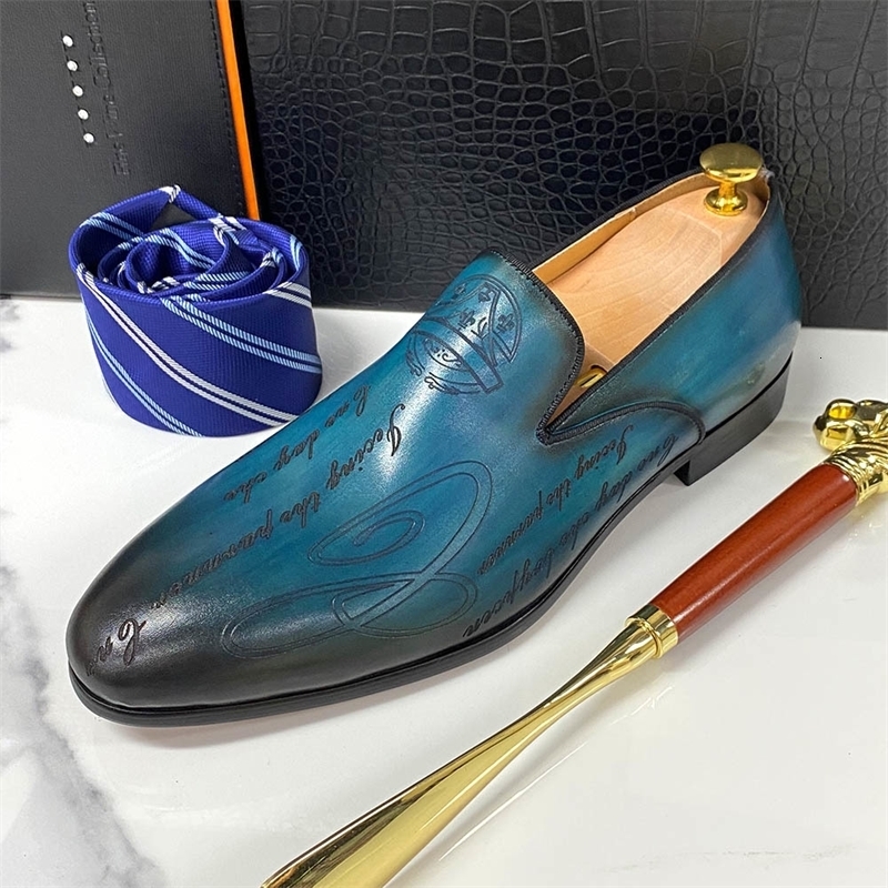 Italian Style Men Loafers Shoes Handmade Letter Print High Quality Genuine Leather Dress for Business Formal w250801