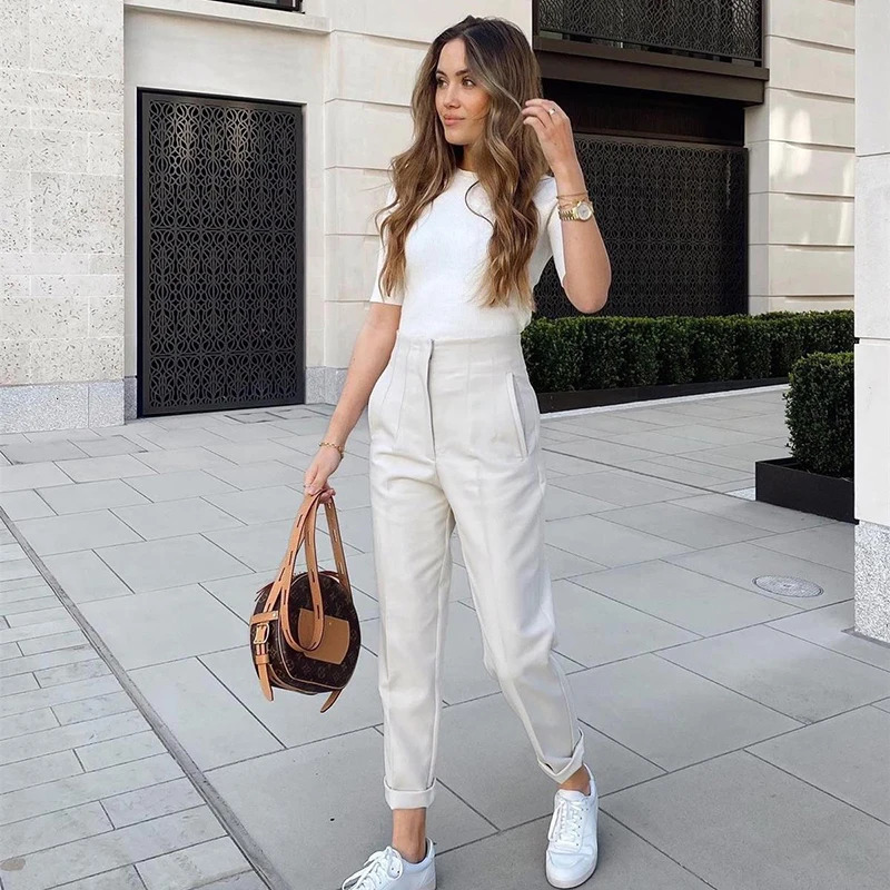 Simple Casual Trousers Pockets Zipper Office Ladys Summer Women Solid Suit Pants Pencil Elegant AllMatch Fashion 250808