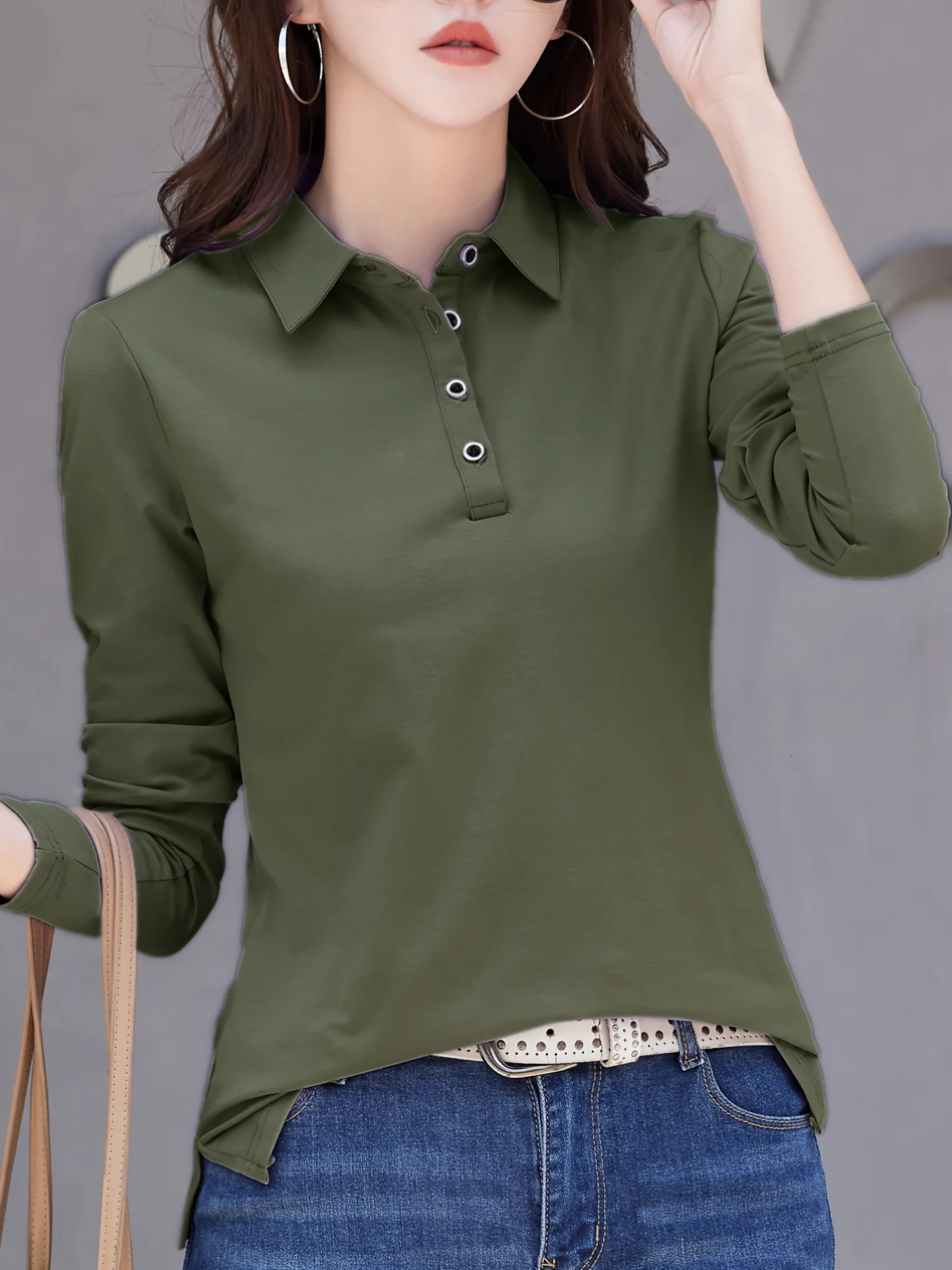 Solid Button Front Tshirt Regular Fit Versatile Long Sleeve Simple For Womens Clothing Comfort Wardrobe Staple 250814