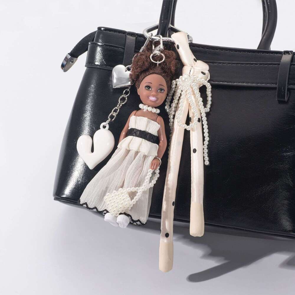 Cute Black Leather Doll with Curly Hair Doll, Stylish Long Dress Bag Chain, Fashionable Woven Rope Pendant, Versatile