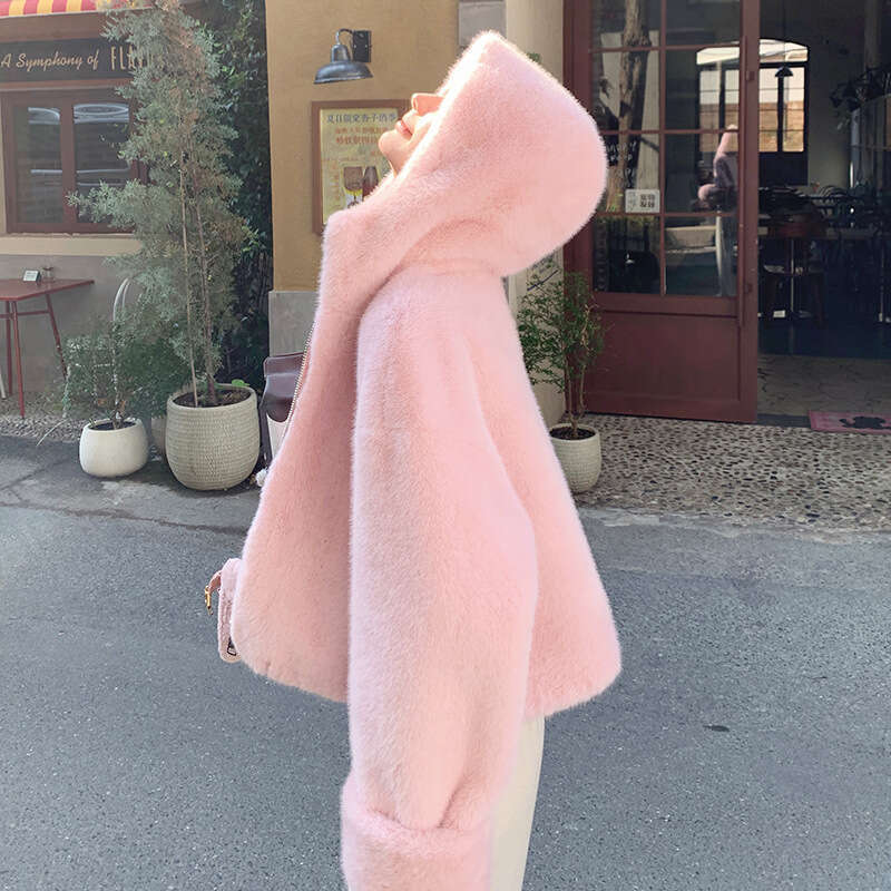 High Quality Fur Coat Women New Autumn Winter Thick Hooded Outwear Imitation Rabbit Mink Plush Jacket Short Overcoat Female
