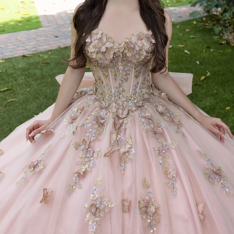 Light Pink Ball Gown Quinceanera Dresses Off the Shoulder Applique Bow Beads Bow Tull Corset Vestidos 15 De Anos Sweet 16 Dress