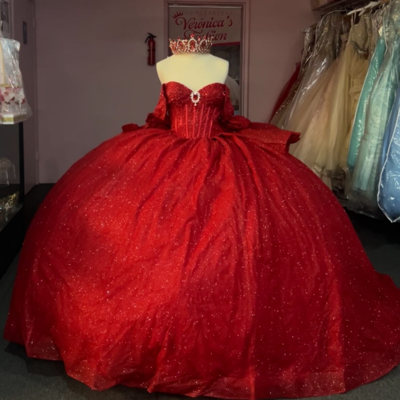 Red Shiny Princess Sweet 16 Dress Dress Quinceanera Dresses Beads Bow Corset Tull Party Birthday Vestido De 15 Anos Ball Gowns
