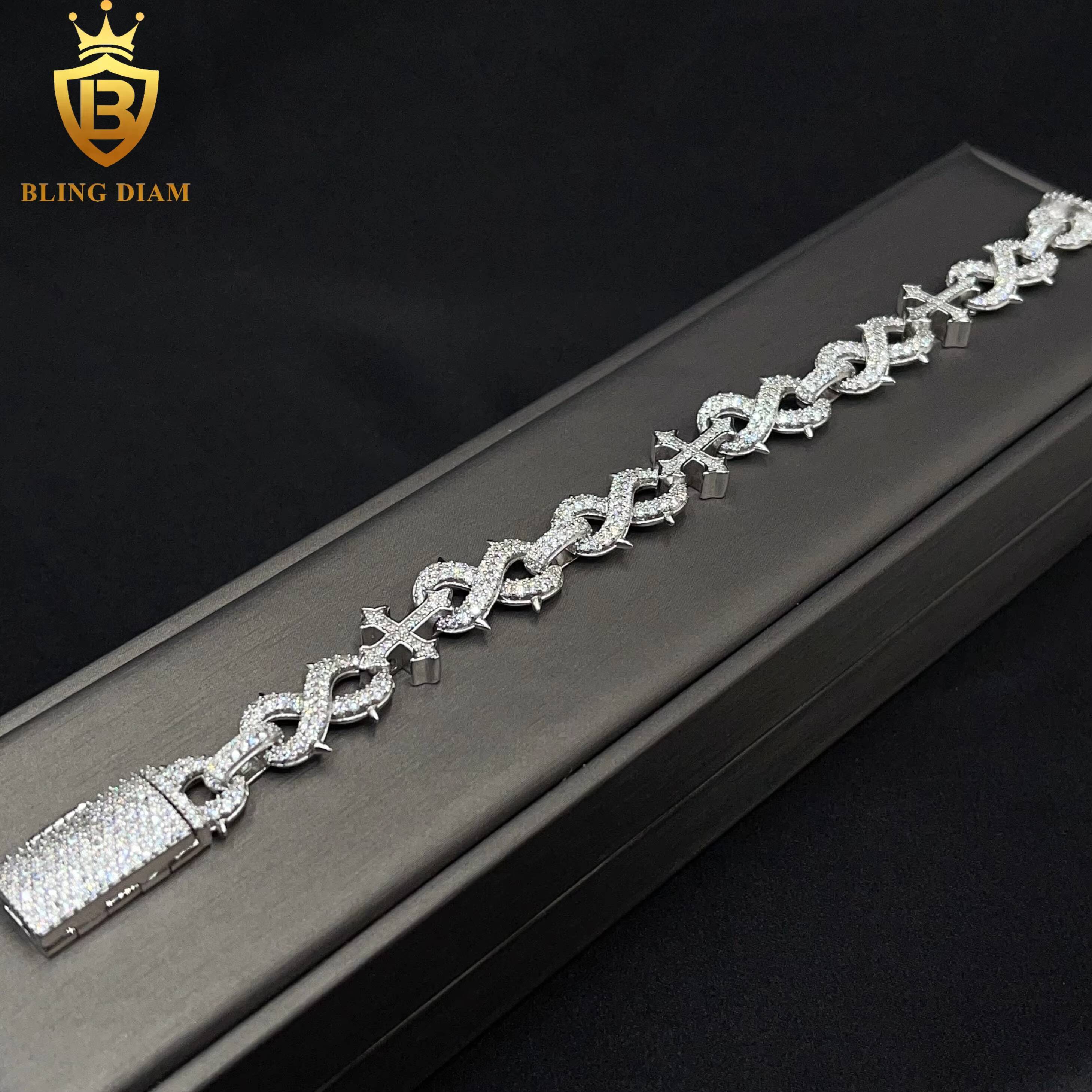 13mm Hip Hop Jewelry Cross Cuban Link Bracelet 925 Sliver Iced Out Moissanite Diamond Rapper Style