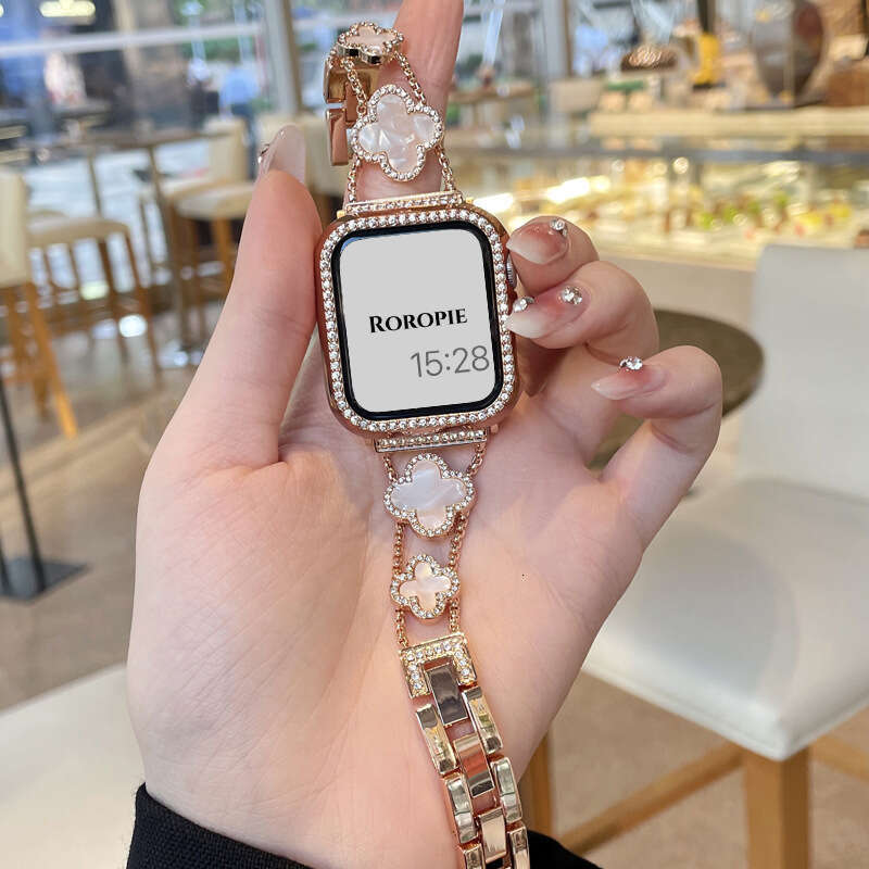 Metal Four-Leaf Clover Fine Dia Compatible with 9 Apple Watch iWatch 8 7 6 Series SE Strap High-End Women