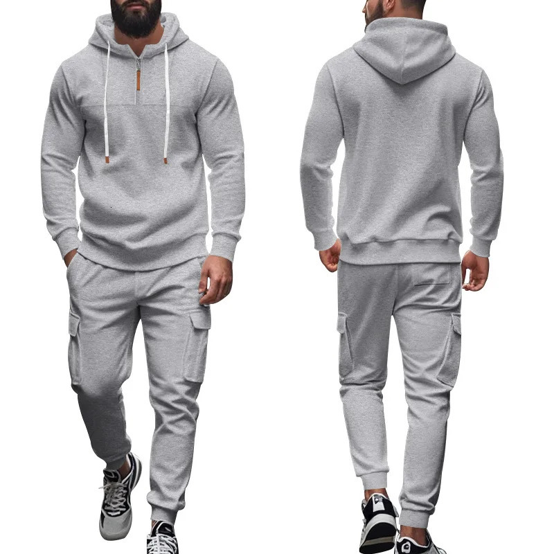 Mens fleece lined hooded tracksuit set long sleeve sweatshirt joggers crossborder sportswear for autumn winter casual wear 250814