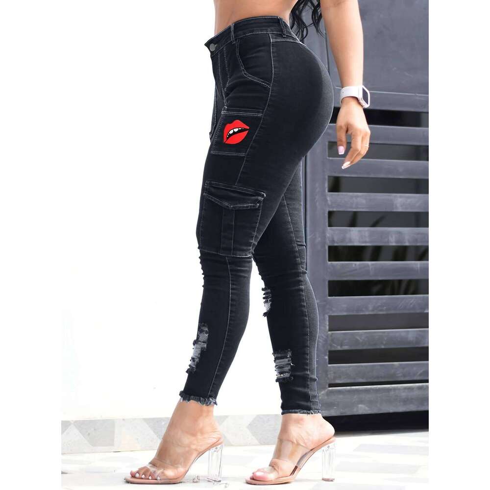 Women's Blue Elastic Jeans With Waist And Hip Lift Tight Little Fee Hairy Edges Sexy Overalls Multi-pocket Pants Lipstick Print