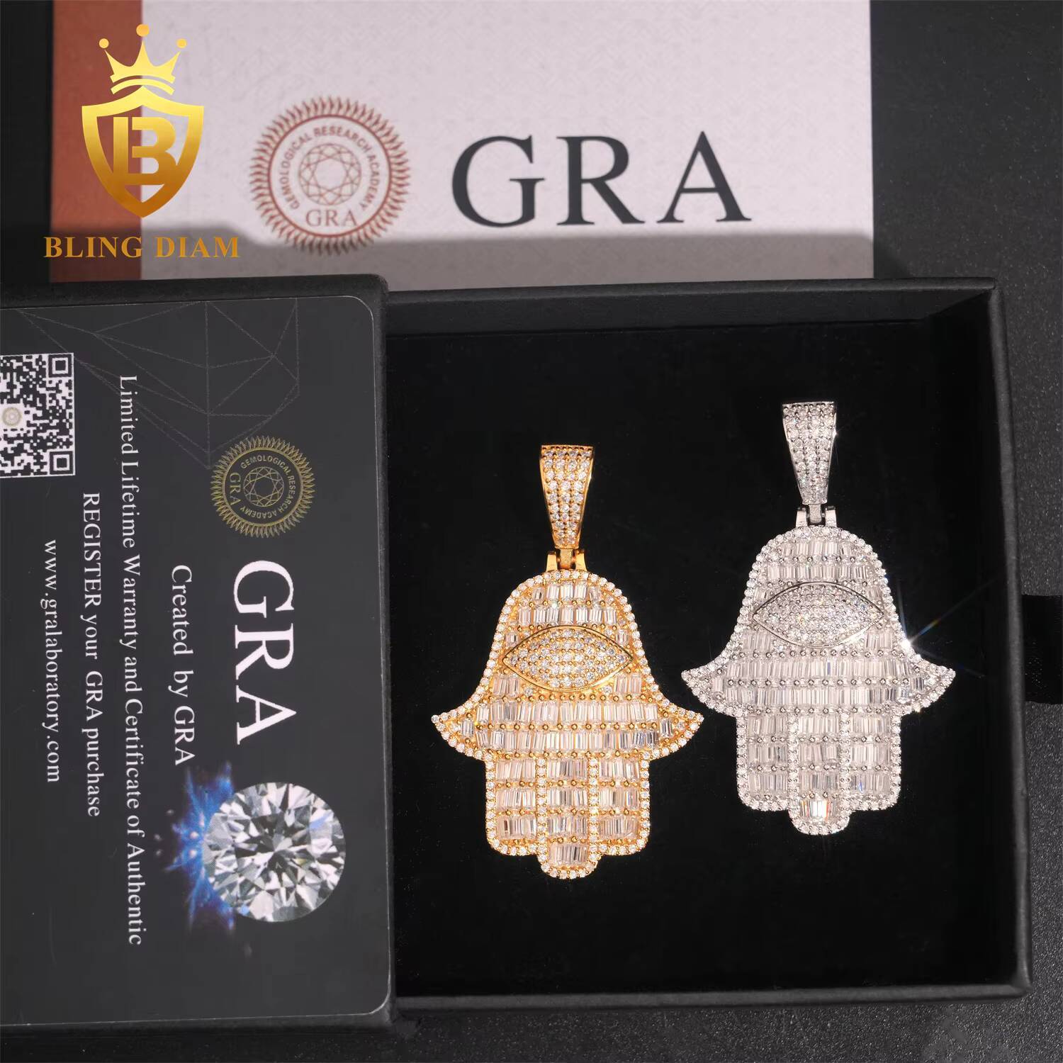 Ready to Ship Iced Out Jewelry Fatima Pendant 925 Silver Moissanite Hip Hop Jewelry Hip Hop Hand Pendant