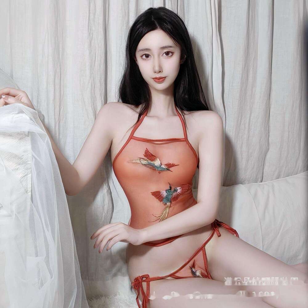 Halter Neck Mesh Lingerie Set Phoenix Embroidery Lace Up Detail See - Through Design Sexy Sleepwear for Women (Plus Size Available)