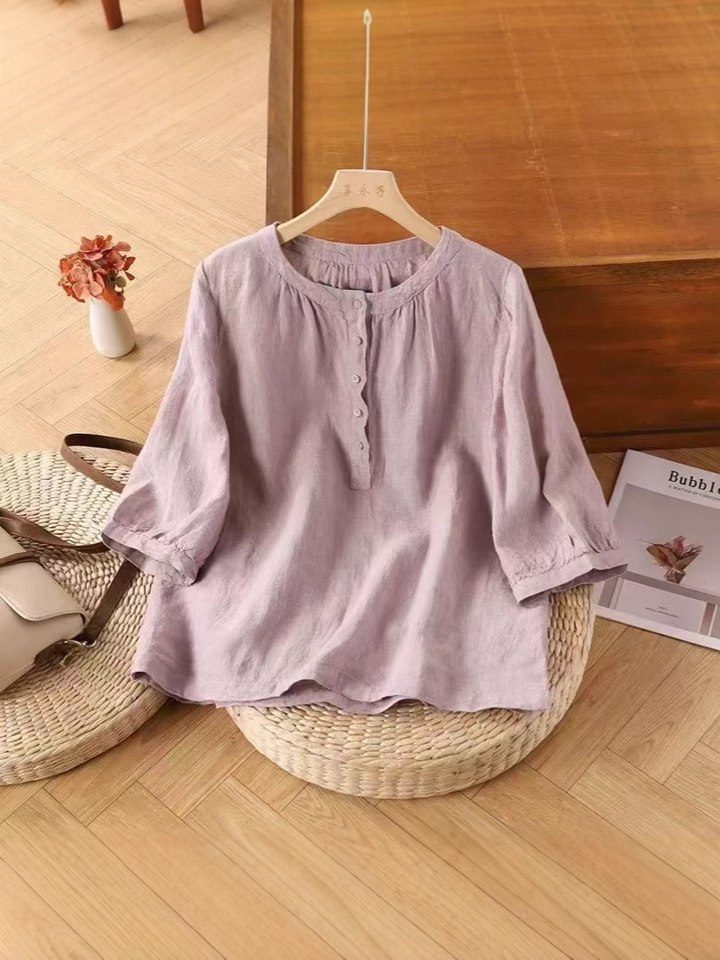 K2102 Retro cotton and linen shirt women's five-quarter sleeve spring and summer new pure cotton blouse loose belly-covering top mother's la