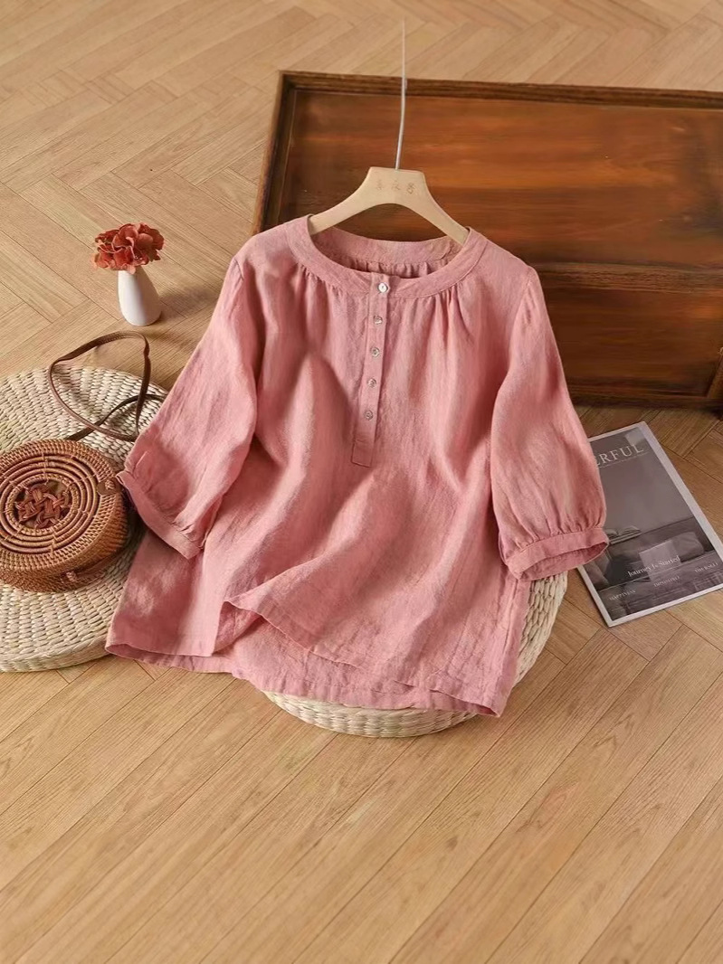 K2102 Retro cotton and linen shirt women's five-quarter sleeve spring and summer new pure cotton blouse loose belly-covering top mother's la