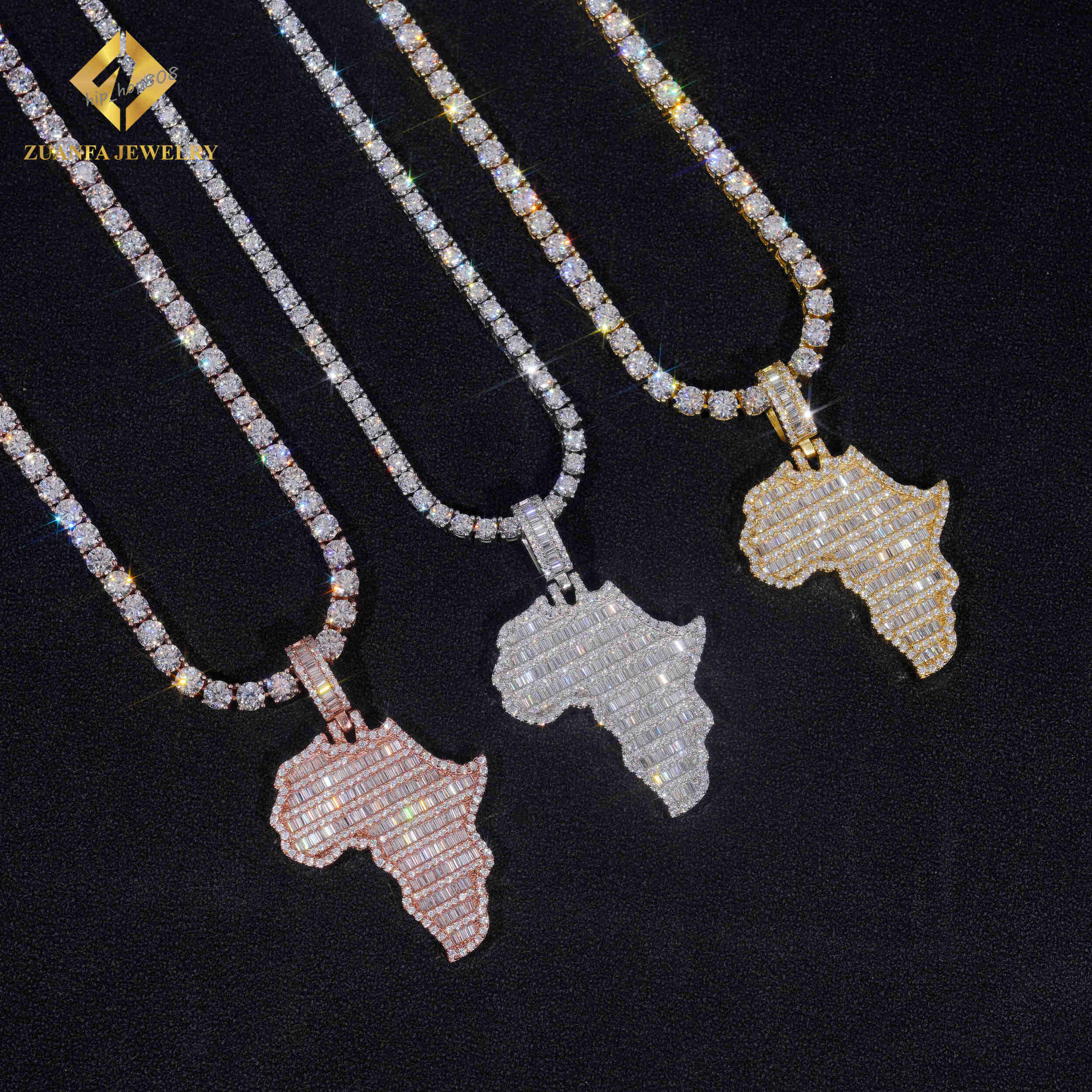 Worldwide Shipping Hip Hop Jewelry Iced Out Charms Pendant 925 Solid Silver Full Baguette Moissanite African Map Pendant