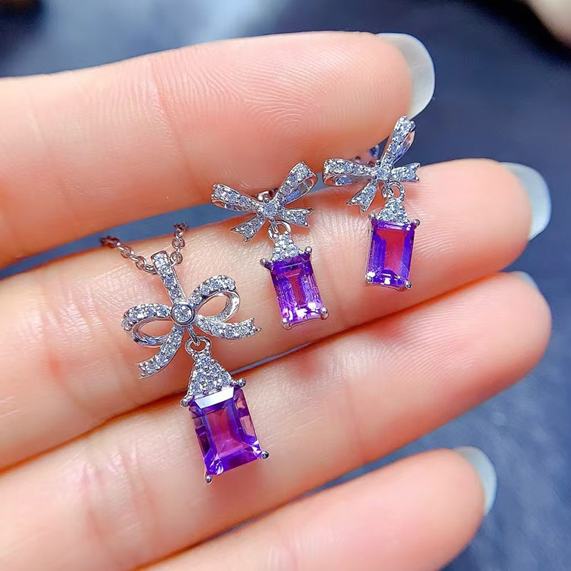 Solid 925 silver amethyst jewelry natural amethyst jewelry set real crystal earrings and pendant with 18K gold plating