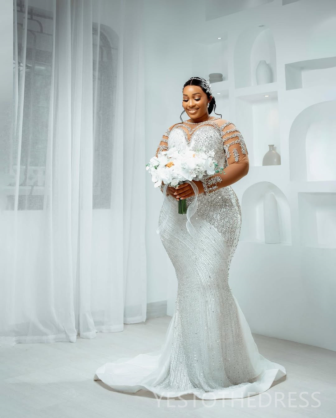2025 Plus Size Off White African Wedding Dress Bridal Gowns For Bride Mermaid Detachable Trai Sheer Neck Beaded Lace Tiered Tulle Wedding Gowns For Bl