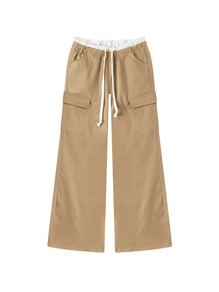 American Retro Casual Low Rise Drawstring Cargo Pants Y2K Streetwear Solid Pocket Straight Trousers Female 250808