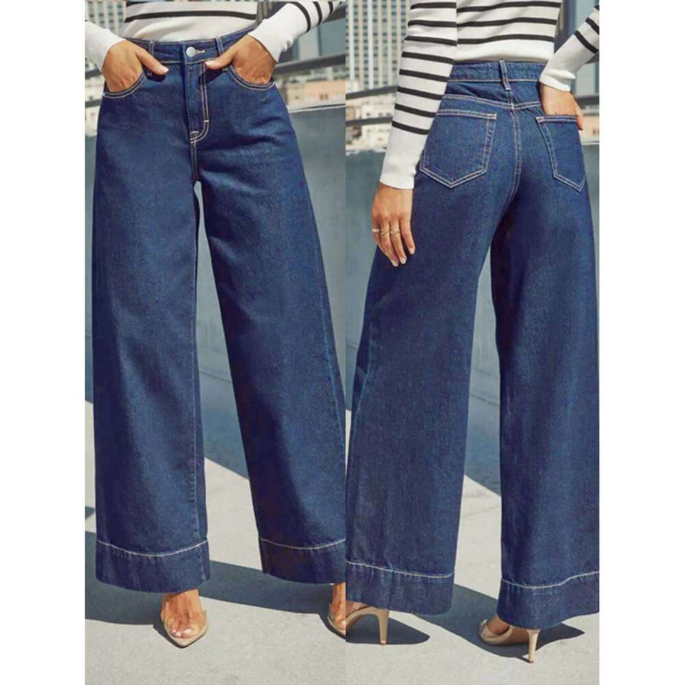 2025 New Summer Women's High Waist Wide Leg Jeans - Classic dark blue washed stretch jeans with button fly for an elegant style.