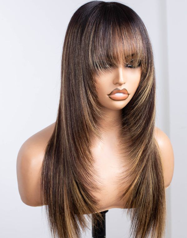 13x4 Straight Lace Front Wig Human Hair 360 Full Lace Wig Wear And Go Glueless Layered Cut Wig With Bang HD Lace Frontal Wig Synthetic For Black Women