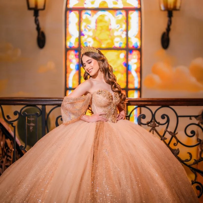 Champagne Shiny Princess Sweet 16 Drress Quinceanera Dresses Beading Crystal Sequin Party Birthday Vestido De 15 Anos Ball Gown