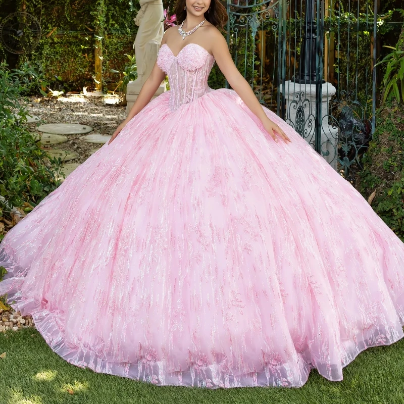 Pink Ball Gown Quinceanera Dresses Off the Shoulder Sequin Applique Lace Beads Tull Corset Vestidos 15 De Anos Sweet 16 Dress