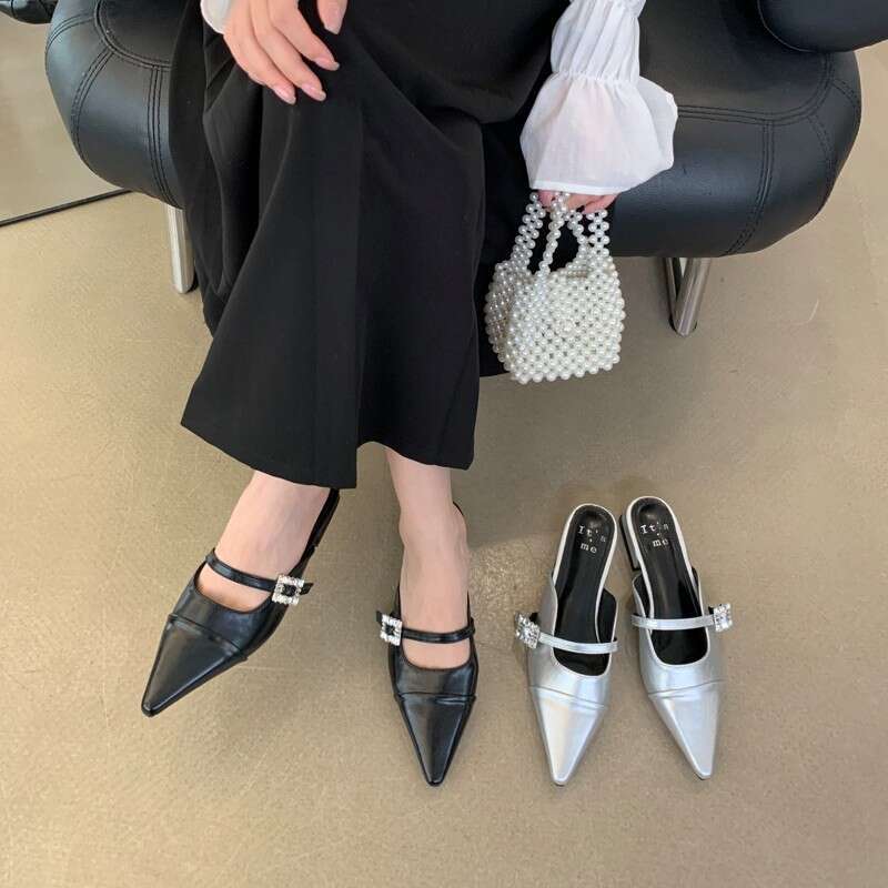 2025 Spring/Summer One-Strap Rhinestone Buckle Single Tote Open Back Pointed Fairy Fashion Closed-Toe Half Slippers Flat Shoes