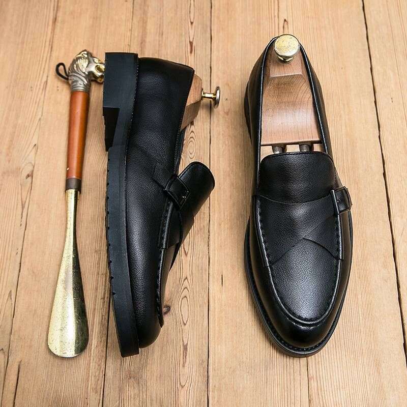 Fashionable Formal Men Lightweight Outdoor Loafers Thick Soled Wear-resistant Leather Shoes Black Sizes38-44