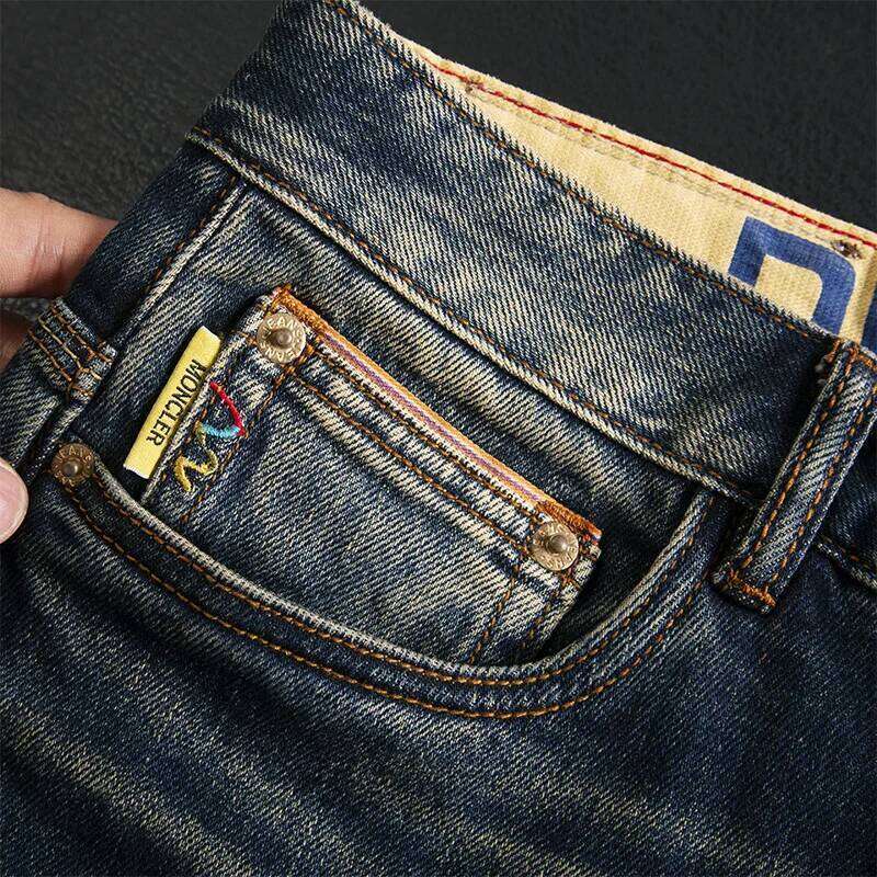 High end retro light jeans for men's casual, versatile, washed, elastic, slim fit, small straight leg, classic and trendy