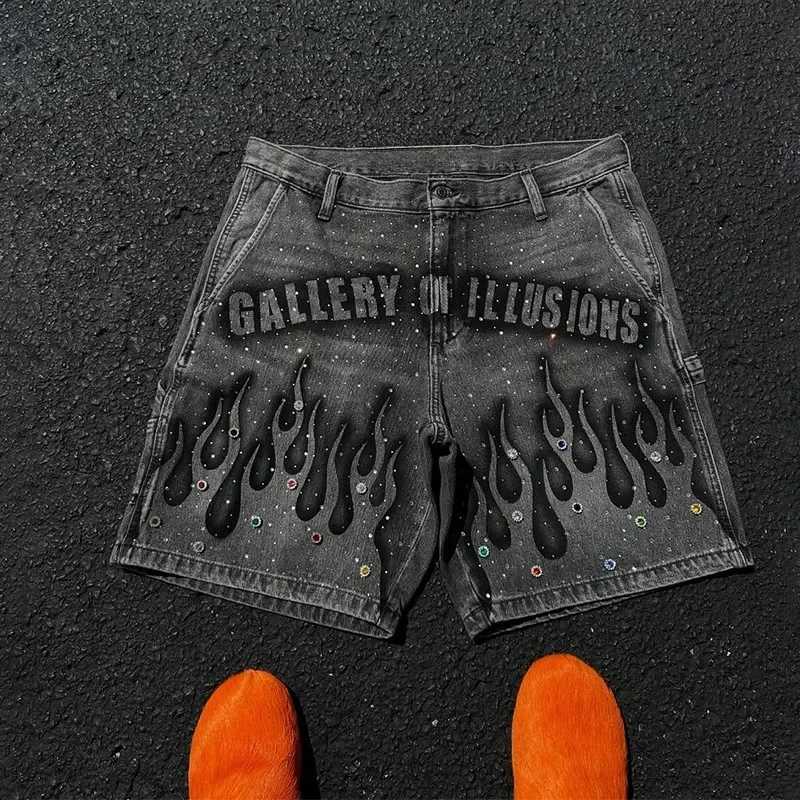Y2K Vintage Distressed Jeans Flame Pattern Rhinestone Decoration High Waist Denim Shorts Fashion Men Women Hip Hop Streetwear Y250814
