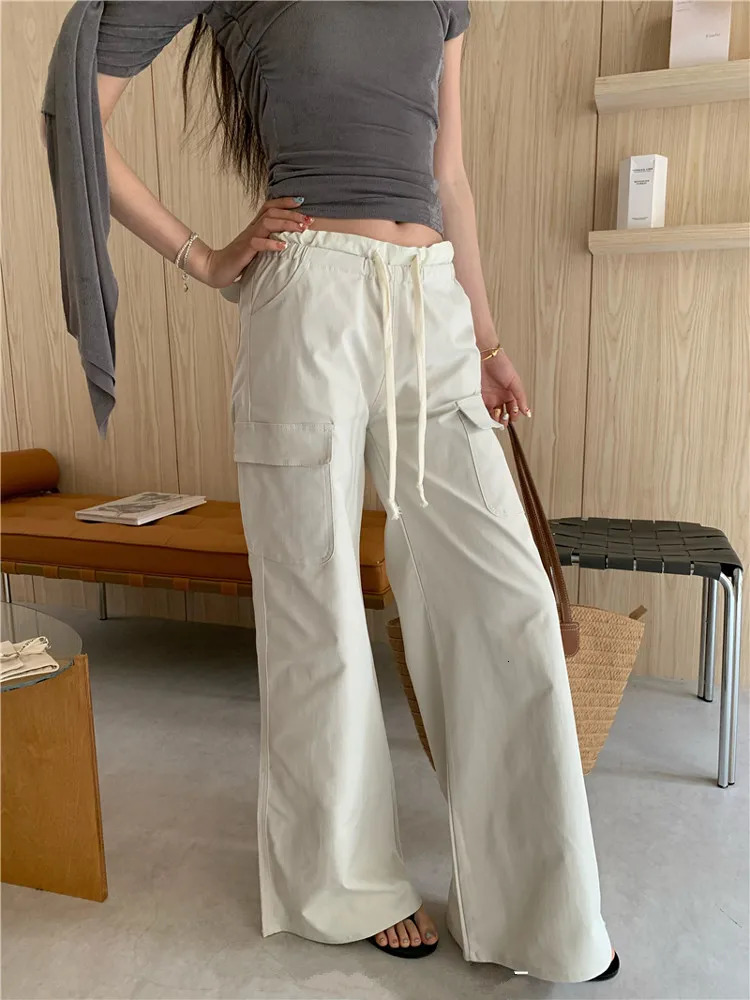 American Retro Casual Low Rise Drawstring Cargo Pants Y2K Streetwear Solid Pocket Straight Trousers Female 250808