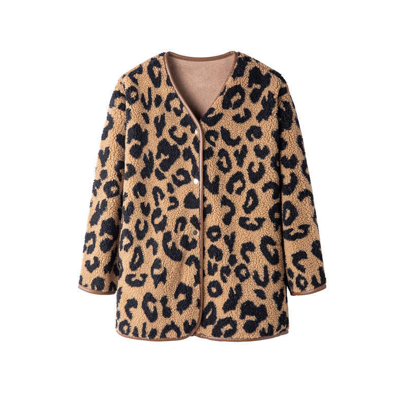 Leopard print fur one-piece short jacket for women's winter versatile new Korean version loose and slimming casual thick top