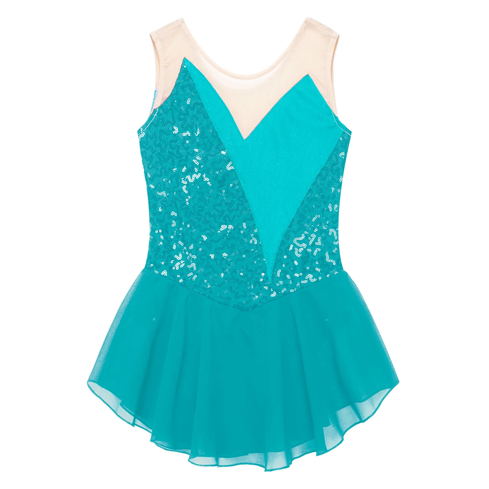 Girls Ballet Figure Ice Skating Dance Dress Gymnastics Acrobatics Performance Dancewear Shiny Sequins Sheer Mesh Leotard Dresses 250812