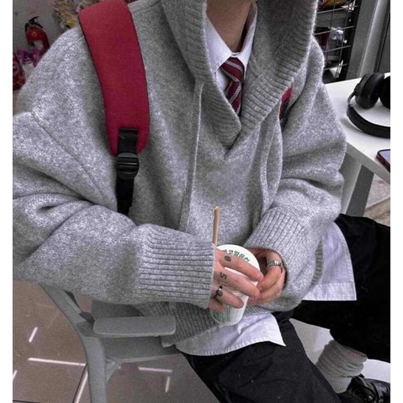 Gray Hooded Knitted Sweater For Men, Autumn And Winter Korean Style, Lazy American Cleanfit Wool Coat B5