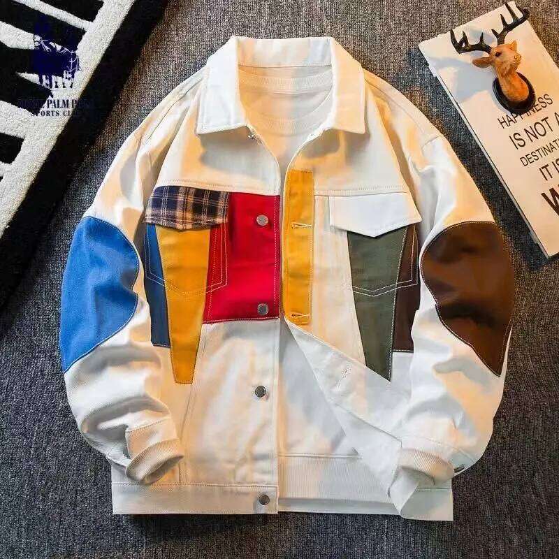 Designer Clothing 2025 American Retro Color Contrast Patchwork Loose Coat Spring Fashion Brand Trend Design Handsome Senior Casual Denim Jacket