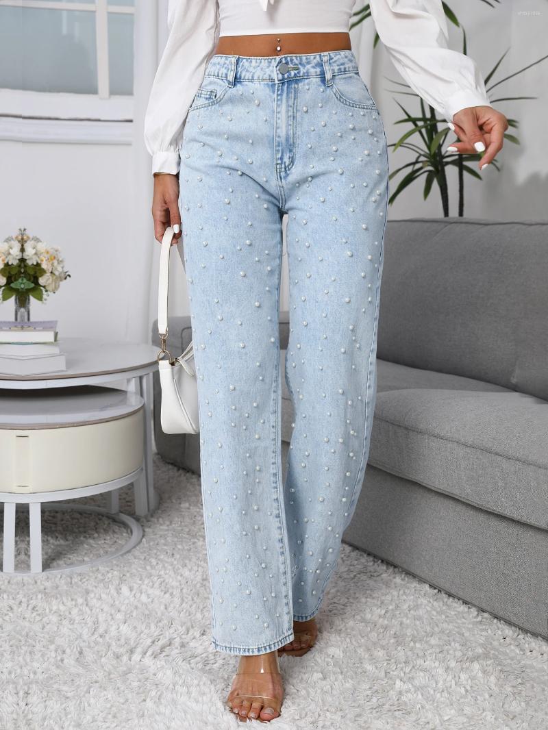Women's Jeans Women Straight-Leg Denim With Fashion Faux Pearl Detail Casual Style Non-Stretch Light Blue Mid-waist Pants