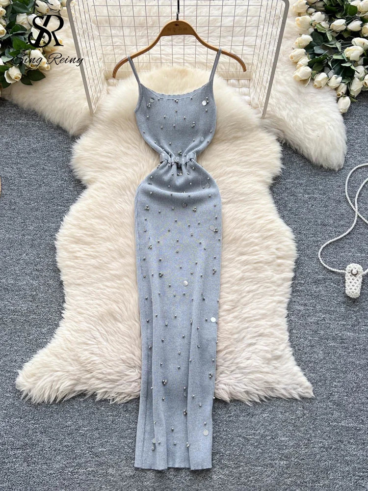 SINGREINY Sexy Knitting Split Long Dress Sleeveless Sequins Diamonds With Sashes Skinny Sundress 2025 Fashion Women Summer Dress 250808