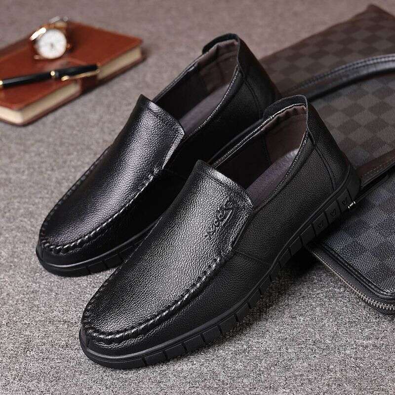 New fashionable casual leather for middle aged dads plus size Korean version versatile bean men's foreign trade slip on shoes