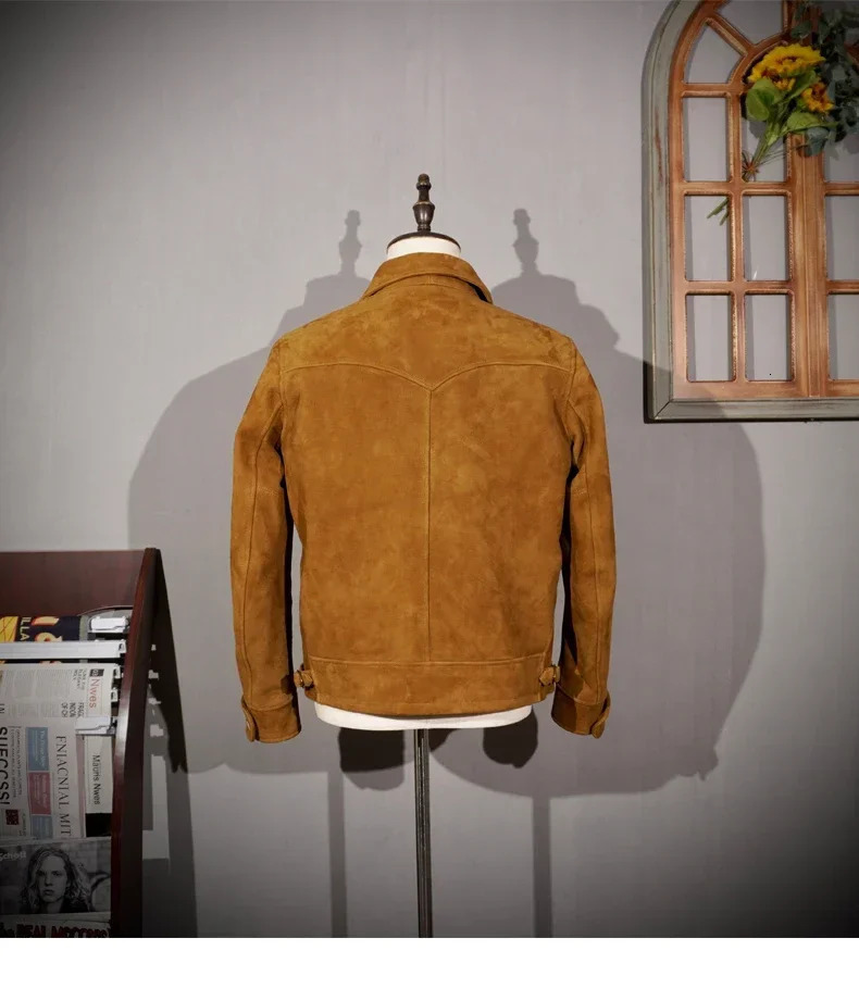 Italian Suede Leather Jacket Short Slim Fit Farmer R * L Three Pocket American Retro Amikaki for Men 250808