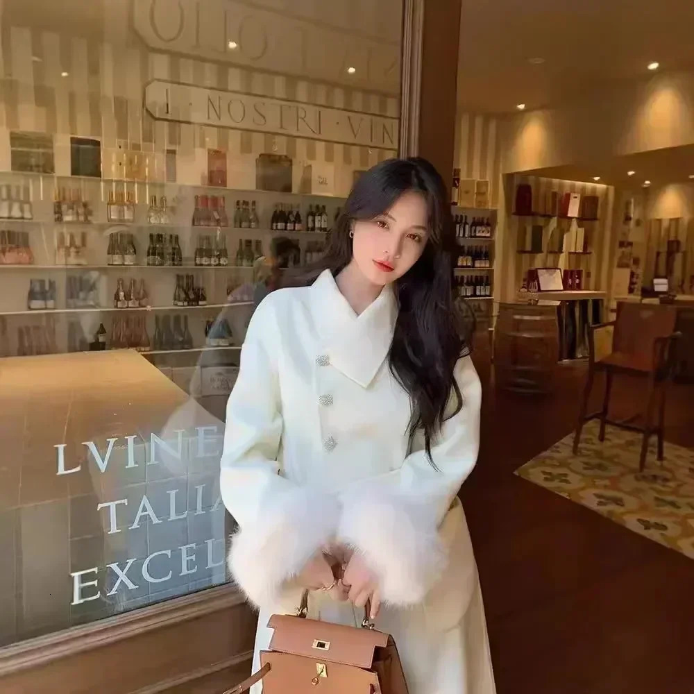 Double-sided Cashmere Coat Women Autumn Winter Fox Fur Jacket Female Wool Coat Long Fox Fur Collar Woolen Coat 250811