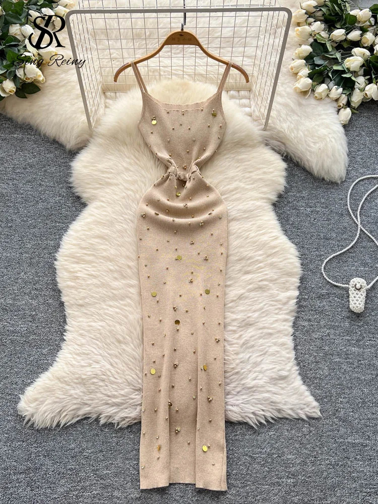 SINGREINY Sexy Knitting Split Long Dress Sleeveless Sequins Diamonds With Sashes Skinny Sundress 2025 Fashion Women Summer Dress 250808