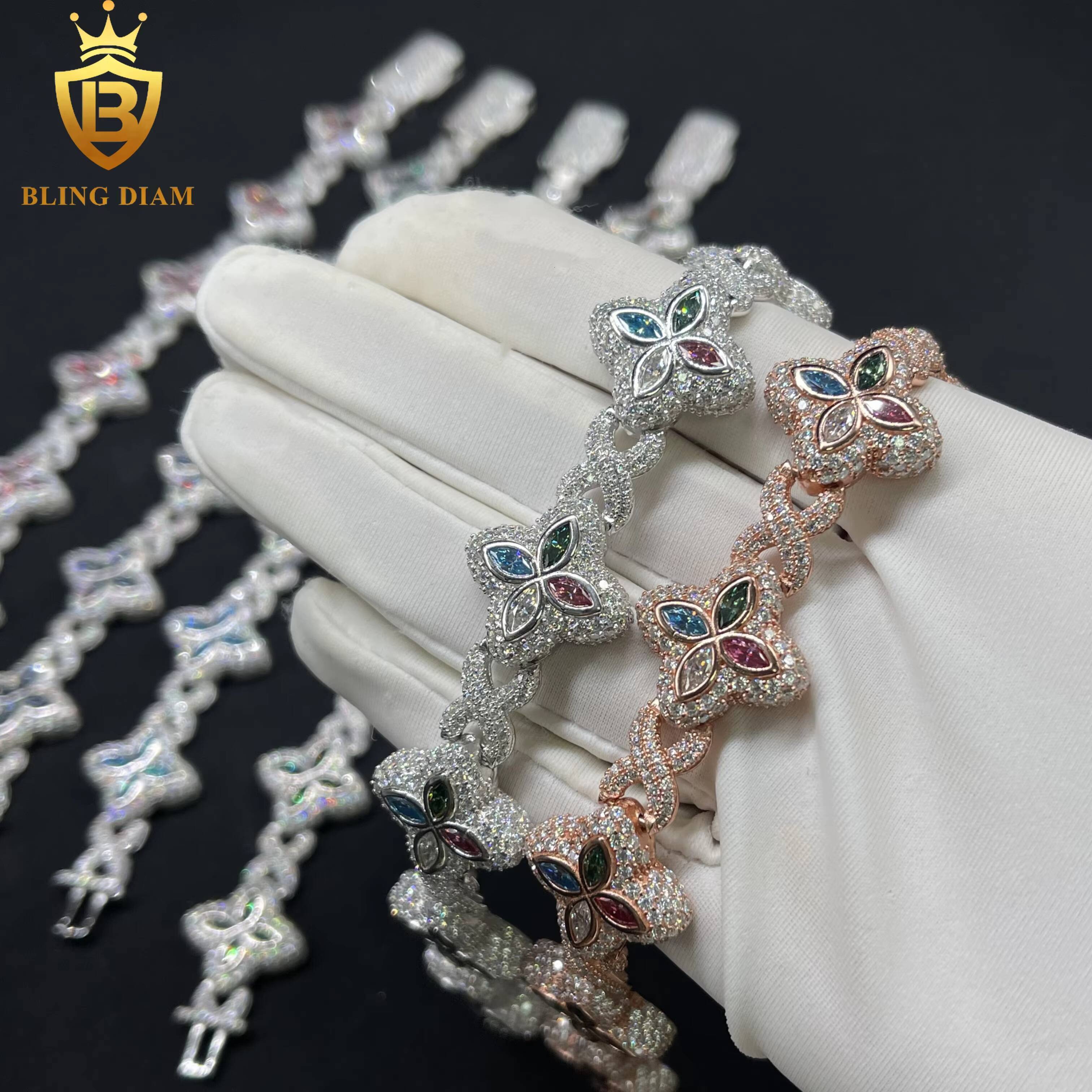 925 Sliver Jewelry 18mm Multiple Options Marquise 4 Leaf Cut Clover Flower Colorful Blue Moissanite Iced Out Bracelet