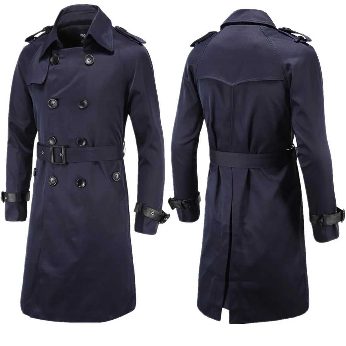Mens Spring Autumn Windbreak Overcoat Long Trench Coats with Belt Male Pea Coat Double Breasted Peacoat W03 W250815