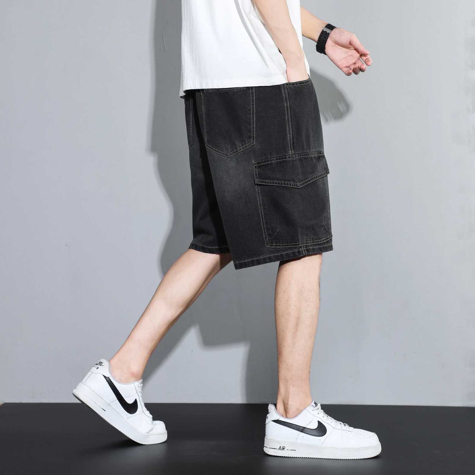 Big Tall Mens Vintage Denim Shorts Elastic Waistband Loose Fit Workwear Summer Cargo Shorts Retro Blue/Black Durable Y250814