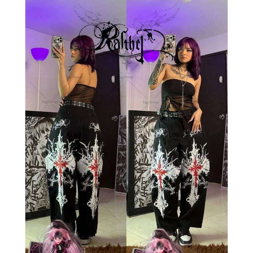 American Hip-hop Haruku Retro Trendy Brand Oversized Washing Jeans Women Y2K Gothic Punk Street Casual Loose Wide-leg Pants