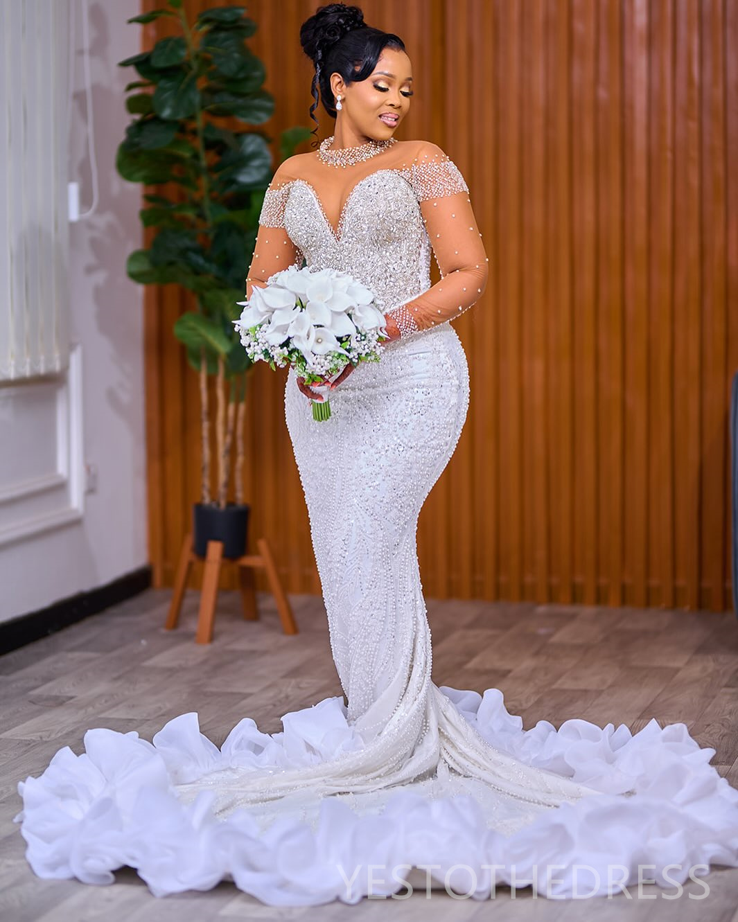 Arabic Aso Ebi Plus Size Off White Mermaid Wedding Dresses 2025 High Neck Sequined Lace Pearls Beaded Floral Lace Luxurious Vintage Bridal Gowns Dress