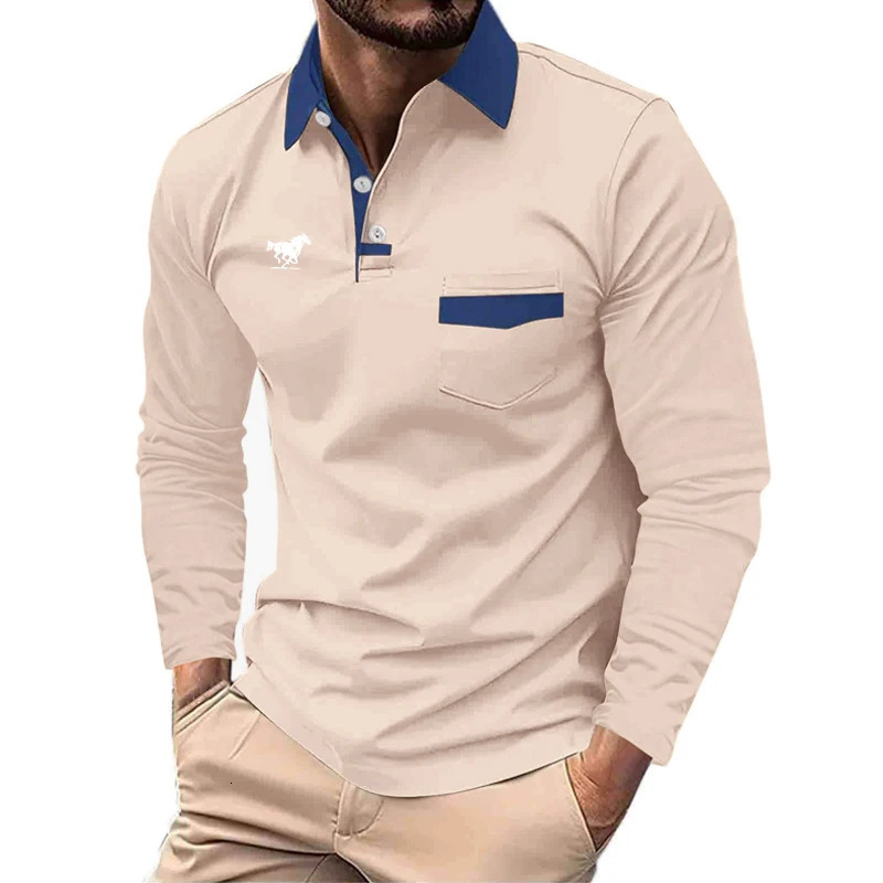 Men Spring Autumn Long Sleeve Pure Color Business Casual Polo Shirt Sport Slim Fit Pocket Stitching Tops 250814