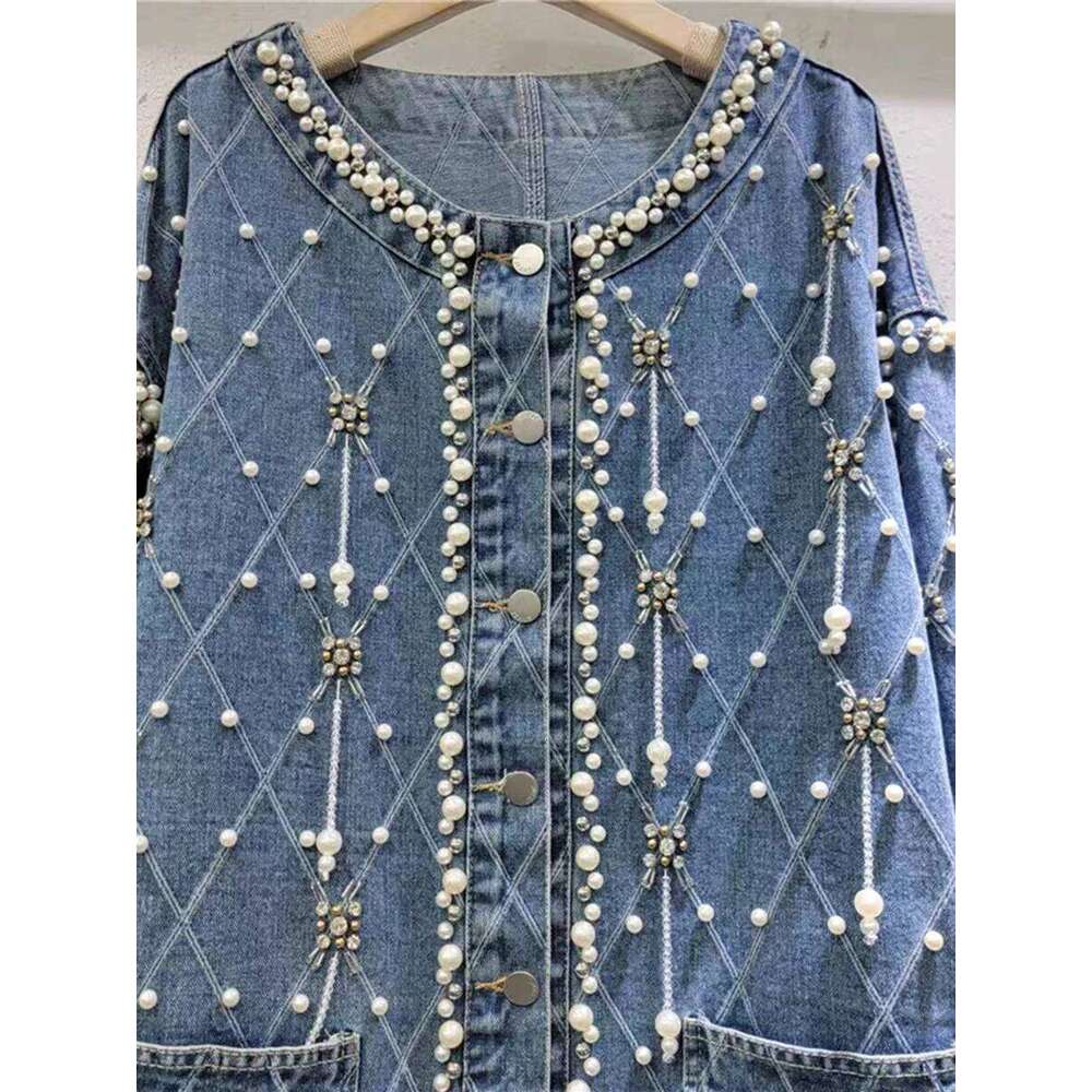Designer Clothing 2025 VGH Spring Runway Style Patchwork Plaid Jackets For Women O Neck Long Sleeves Spliced Pearls Fashionable Denim Coats Female