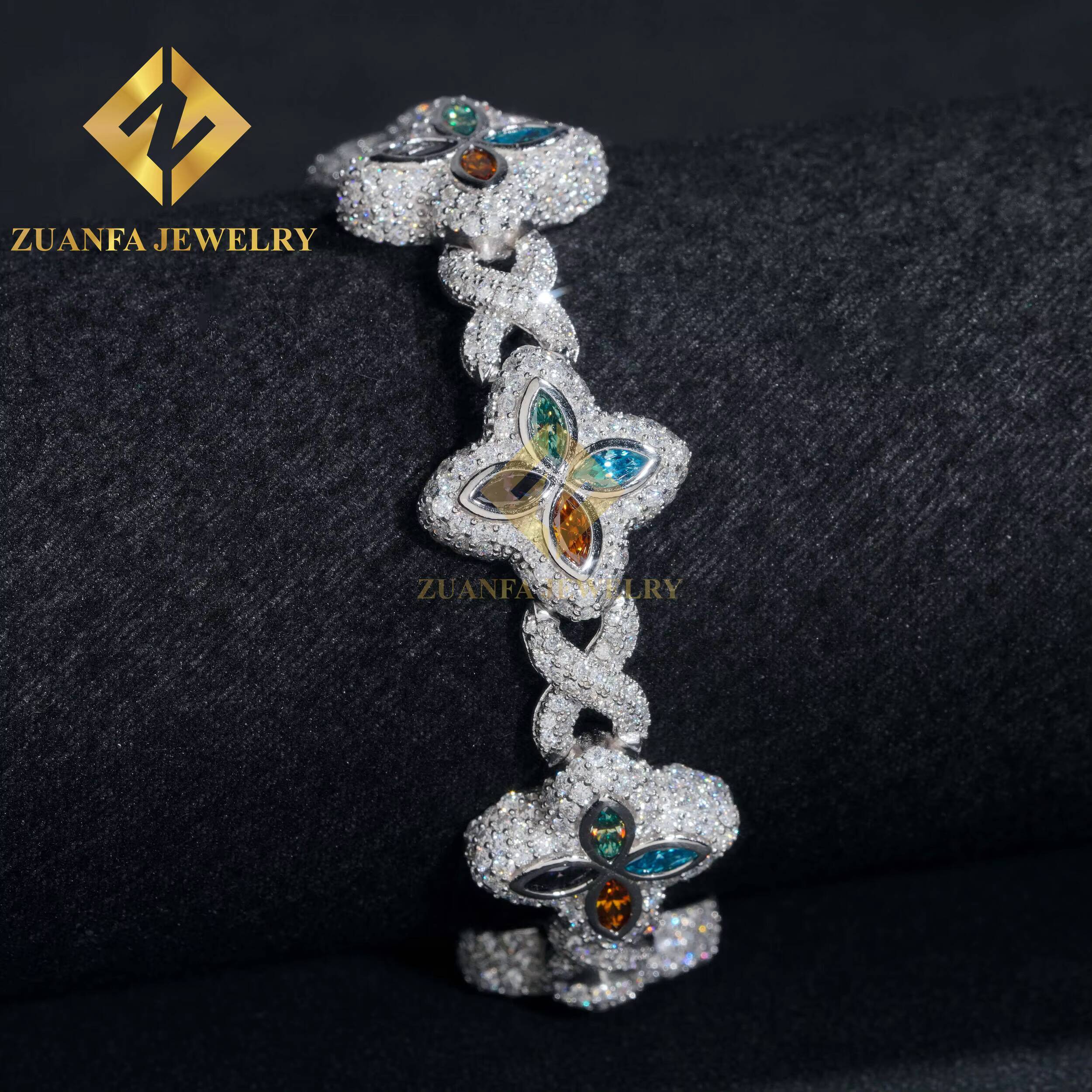 Fine Jewelry Luxury Flower New Fashion Clover Cuban Bracelets Sterling Silver 925 Gold Plated Moissanite Cuban Chains